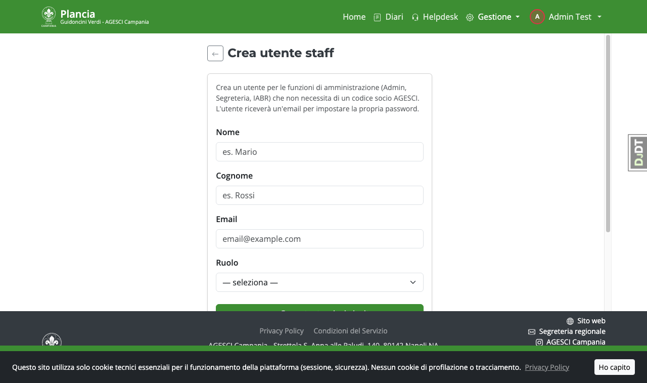 Crea utente staff